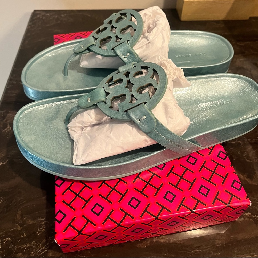 Tory Burch Miller Cloud Sandals metallic blue 10 Audrey Blue $225 - Picture 5 of 8
